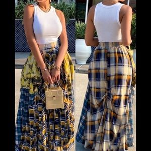 Irregular long plaid skirt